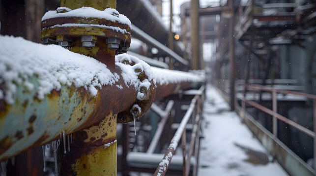 Snowy pipe in an abandoned industrial factory. Rusty metal surfaces in the background