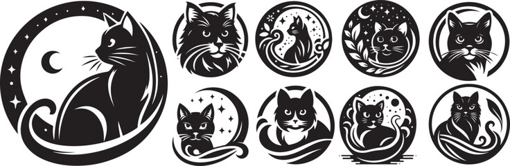 Round vector cats in stamp style, set of collection without colored illustrations