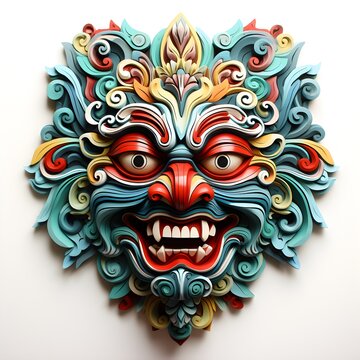 Mask design in traditional balinese motifs, indian mask, colorful cartoon, dynamic and exaggerated facial expressions on white background