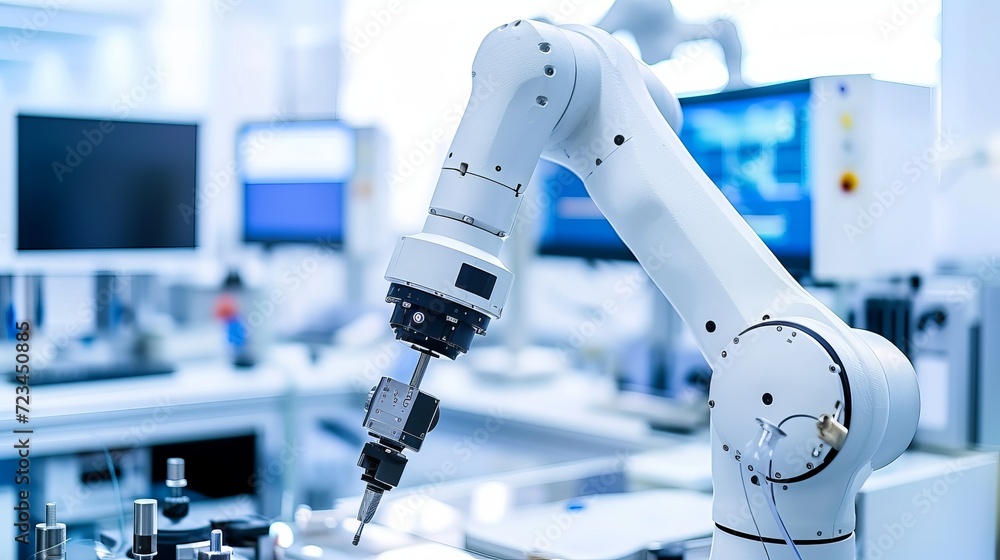 Poster robotic arm performing tasks in modern production line, machine learning concept, with copy space