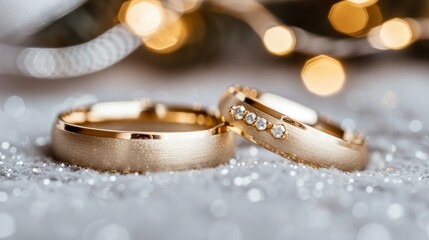 Close up shot of two gold wedding rings on soft blue bokeh background with copy space for text