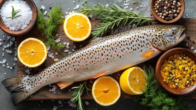 Fresh raw salmon red fish with spices, lemon, pepper, rosemary on dark stone background