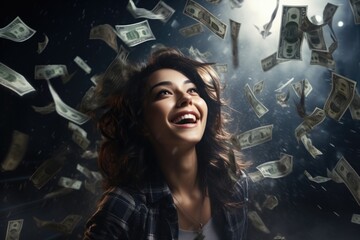 Wealthy shower: joyous cascade of money onto a blissful individual, embodying the triumphant concept of winning and amassing substantial wealth, a financial downpour symbolizing success and abundance.