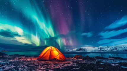 The Celestial Cathedral: Awe-Inspiring Camping Beneath the Radiant Glow of Aurora Australis - obrazy, fototapety, plakaty