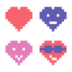 Set of different colorful hearts emoticon or emoji in pixel art style, vector
