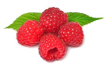 Raspberry with leaves isolated on white background