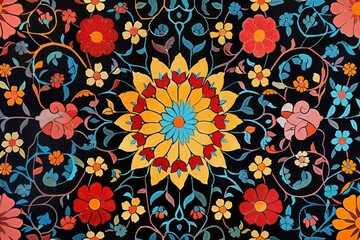 central design is surrounded by various smaller floral motifs and patterns that are equally detailed and colorful
