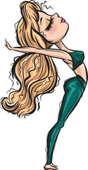 Blonde yoga girl. Healthy life style. Yoga routine. Classic yoga asanas. Sport exercise in usual life. Cartoon style girls. Yoga for children