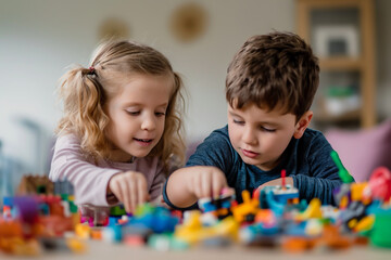 Fototapeta premium Curly-Haired Child Concentrating on Toy Trains
