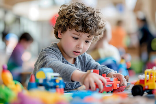 Smiling Boy Building with Colorful Bricks