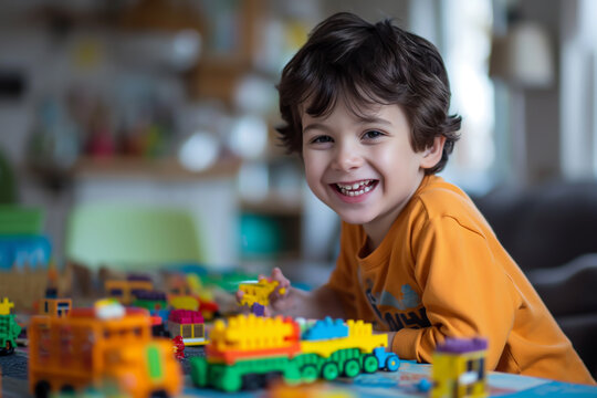 Smiling Boy Building with Colorful Bricks