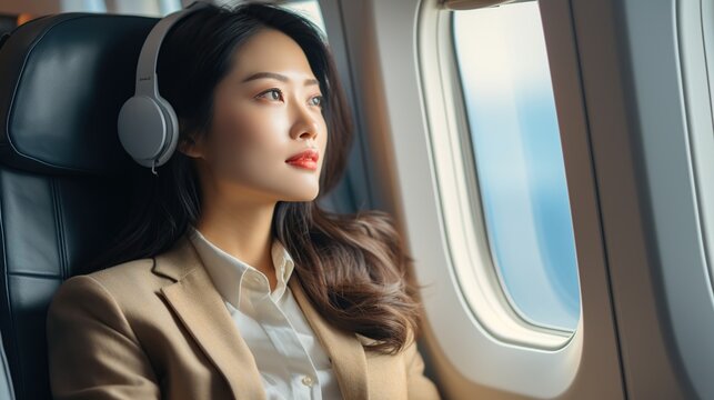 Japanese woman sitting at the window of the plane look out sky glare when the plane flying. Traveler in the airplane
