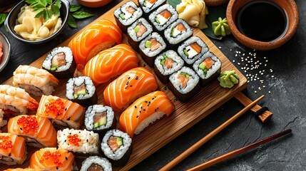 Fototapeta na wymiar Assorted sushi nigiri and maki big set on slate. A variety of Japanese sushi with tuna and crab.