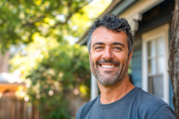 Confident Man Smiling Outside His Home, concept of home ownership