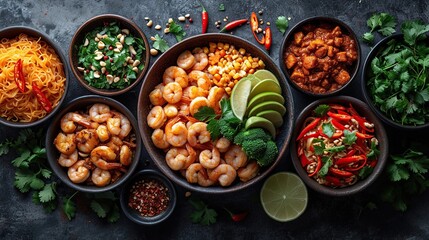 Assortment of traditional asian dishes on dark background, top view. Asian food concept.