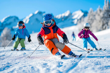 Family Skiing on Snowy Slopes