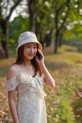 Beautiful young asian woman wearing a hat using phone in a nature park