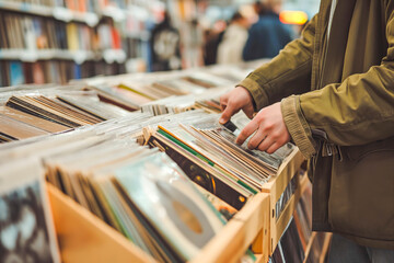 Person browsing vinyl records in music store