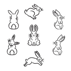  Handmade illustrations of rabbits. Minimalist design with thick brush lines. Easter symbol. Vector isolated on transparent background