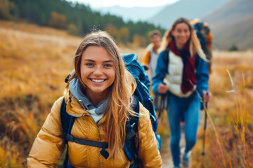 A group of young energetic group exploring wilderness. Gen Z hikers enjoying mountain trail, encapsulating a sense of vitality, adventure, and wanderlust in nature
