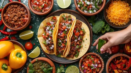 Fotobehang mexican street tacos flat lay composition with pork carnitas, avocado, onion, cilantro © Vasiliy