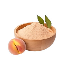 pile of finely dry organic fresh raw peach powder in wooden bowl png isolated on white background. bright colored of herbal, spice or seasoning recipes clipping path. selective focus