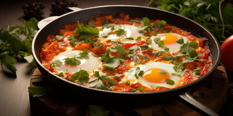 A skillet with eggs and bread, surrounded by green vine leaves, in the Food photography, shakshuka, top view, in a luxurious Michelin kitchen style, studio lighting, depth of field, ultra detailed 