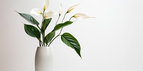 Minimalist floral arrangement of spathiphyllum flower on white background, showcasing elegance and geometric concept, representing the aesthetics of Asian houseplants in a vertical layout.