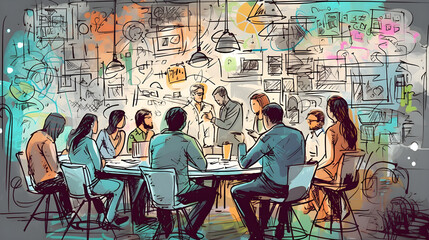 Innovation and Creativity: Group brainstorming in front of a giant whiteboard filled with colorful sticky notes and sketches, vector illustration - obrazy, fototapety, plakaty