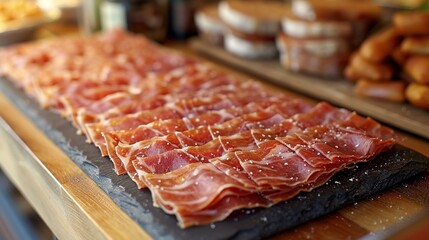 Slices of jamon serrano ham or prosciutto crudo parma on wooden board with rosemary. - obrazy, fototapety, plakaty
