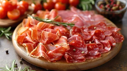Foto op Canvas Slices of jamon serrano ham or prosciutto crudo parma on wooden board with rosemary. © Vasiliy