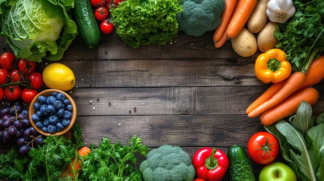 Vegetables and fruits top view with a copy of the space.