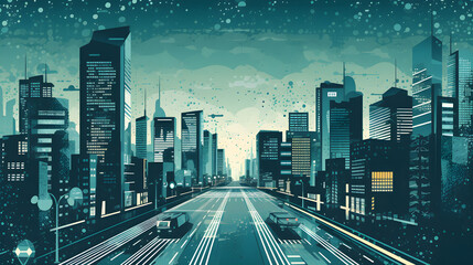 World where technology and commerce collide, sleek and modern city adorned with eye-catching billboards, vector illustration