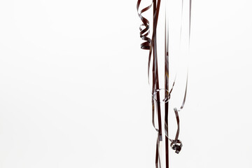 Detalle de una cinta magnética de casete de audio, aislada en blanco