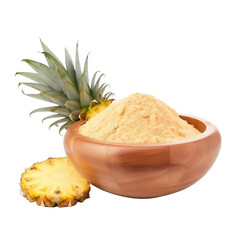 pile of finely dry organic fresh raw pineapple juice powder in wooden bowl png isolated on white background. bright colored of herbal, spice or seasoning recipes clipping path. selective focus