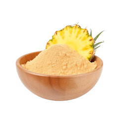 pile of finely dry organic fresh raw pineapple powder in wooden bowl png isolated on white background. bright colored of herbal, spice or seasoning recipes clipping path. selective focus