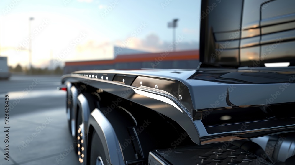 Poster A closeup of a trucks rear spoiler a feature that is not commonly seen on large vehicles but can help to reduce turbulence.