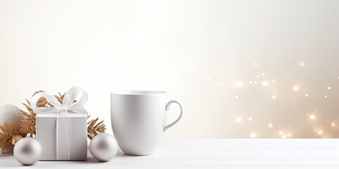 Minimal white interior. Christmas themed gift and decor. Coffee cup and gift boxes.