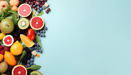 Healthy food on blue background with copy space, flat lay, top view, banner
