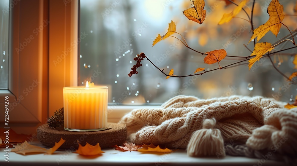 Poster burning candle on wooden background