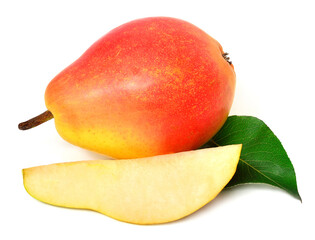 Red pear whole and half with leaves isolated on white background