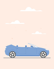 Fototapeta na wymiar Cute posters with car. Colorful pink banner with vehicle, road and clouds. Design element for greeting cards or decorating children room. Modern blue automobile. Cartoon flat vector illustration