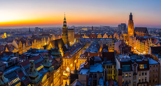 View of Wroclaw market square after sunset, Poland