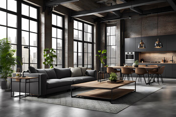 Lofty Ambiance: Urban Studio Living Room with Sofa and Chic Dining Table. Side view - obrazy, fototapety, plakaty