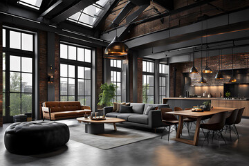 Concrete Canvas: Industrial Urban Scenes with Sofa and Dining Table in Farmhouse Black Style