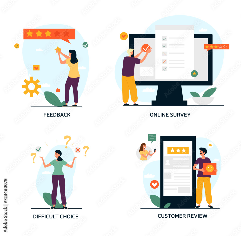 Poster various online survey and rating icons set young characters give feedback and make difficult choices
