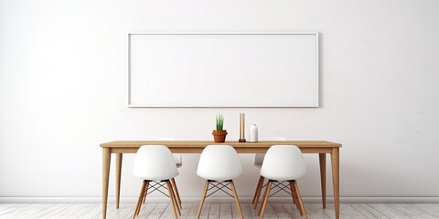 White wall background with chairs, table, and a picture in the room interior.