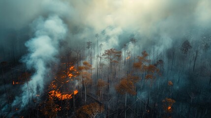 Aerial view a smoke coming from a burnt trees on fire in the forest