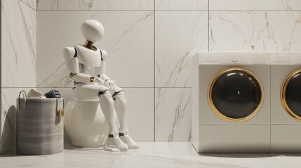 white robot man in a beautiful white modern laundry room with a laundry basket  - obrazy, fototapety, plakaty