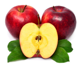 Collection apples whole and half with leaves isolated on white background